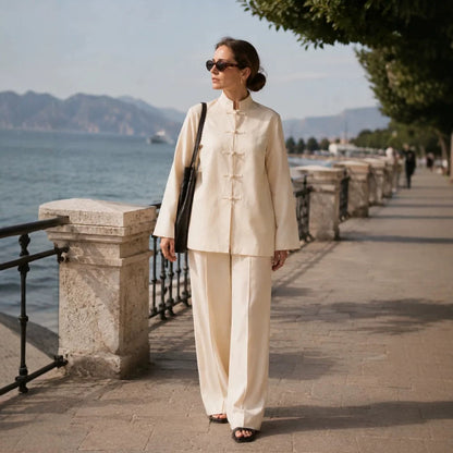 Women's Mandarin Collar Tunic Jacket with Knot Closures and Wide Palazzo Pants EVA-US