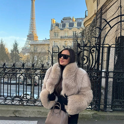 Women's Short Cut Luxury Faux Fur Blouson with Voluminous Shawl Collar EVA-US