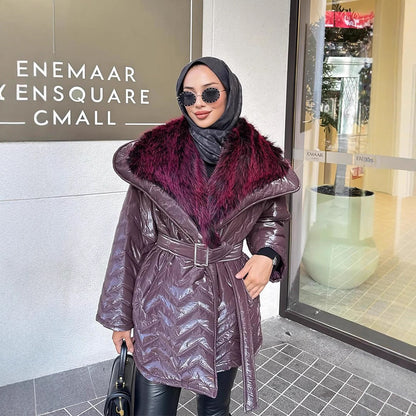 Ladies Shiny Padded Jacket with Waist Belt and Voluminous Faux Fur Collar EVA-US