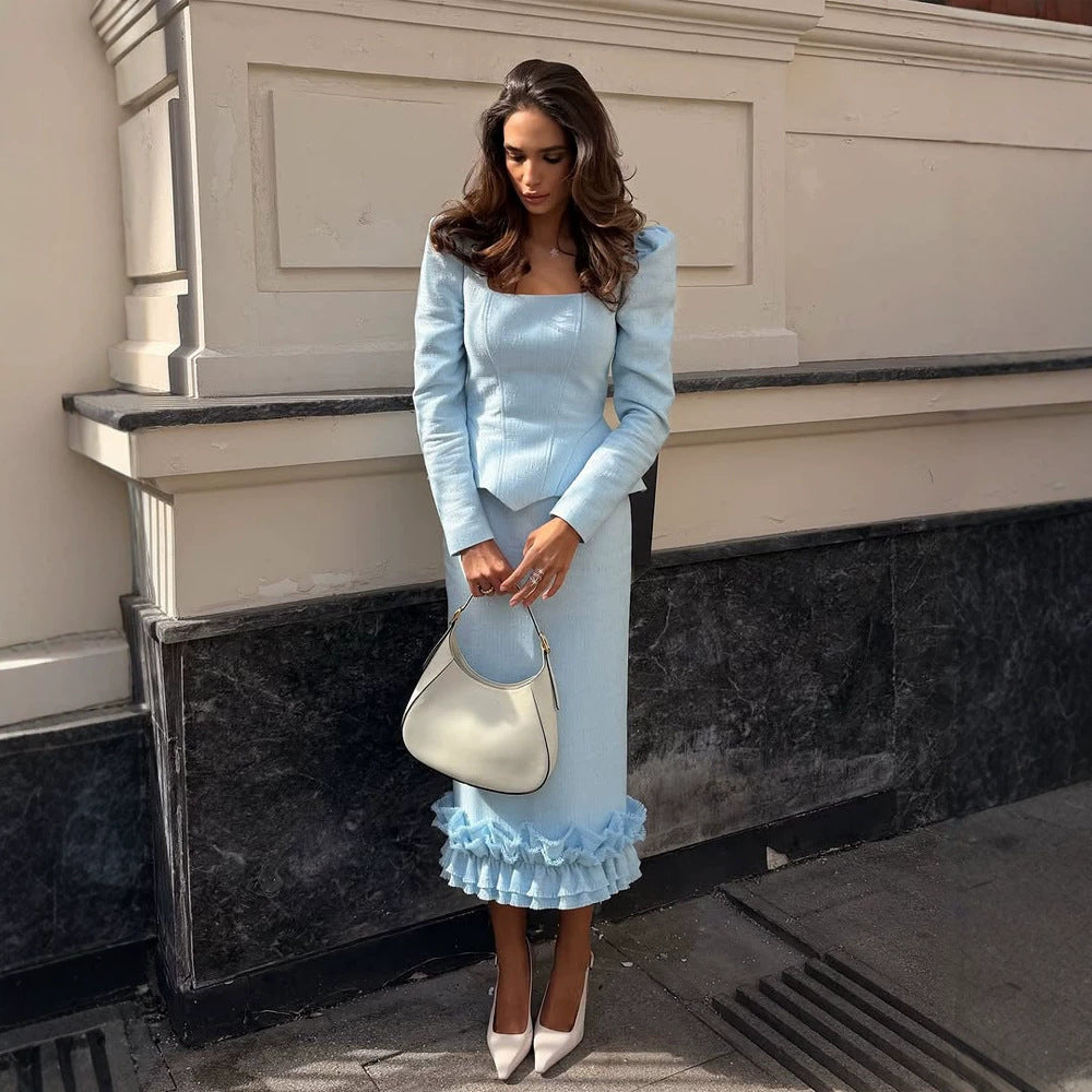 Women's two-piece fitted ensemble with square neckline and ruffled midi skirt EVA-US