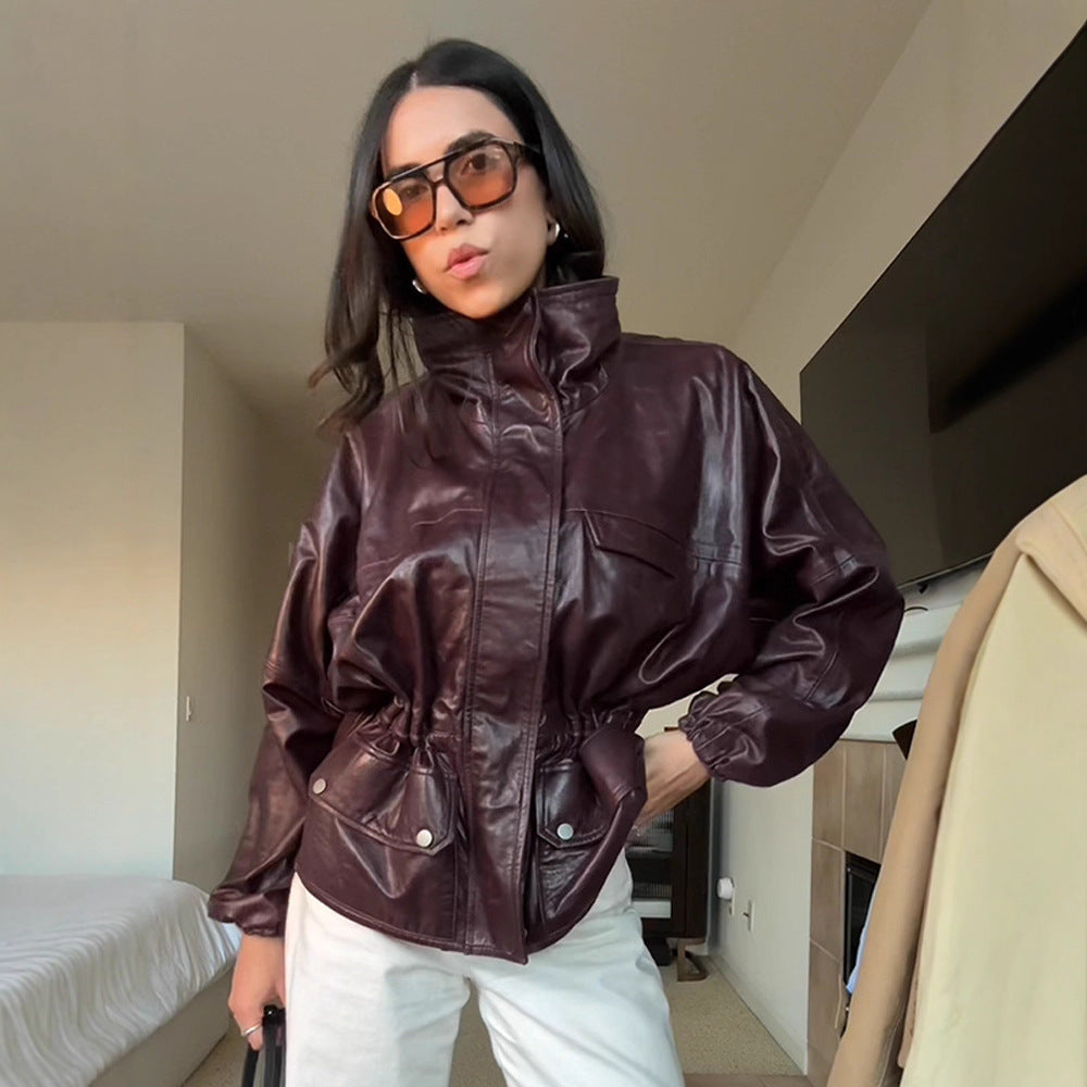 Women's Oversize Faux Leather Blouson with High Stand-Up Collar and Drawstring Waist