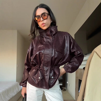 Women's Oversize Faux Leather Blouson with High Stand-Up Collar and Drawstring Waist