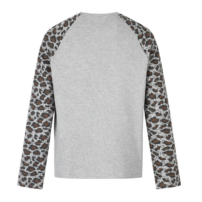 Women's Casual Long Sleeve Shirt with Raglan Sleeves, Leopard Sleeves and Statement Print EVA-US