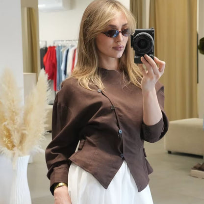 Women’s asymmetrical tailored blouse jacket made of linen with diagonal button closure EVA-US