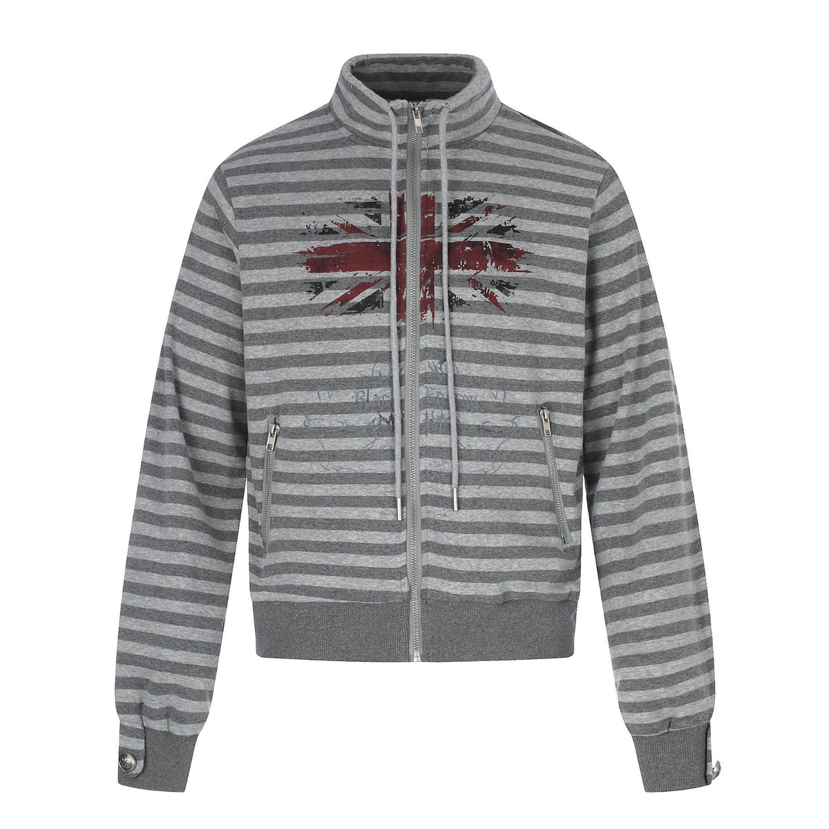 Men's Hoodless Striped Zip Blouson Jacket with Funnel Collar and Vintage Print EVA-US