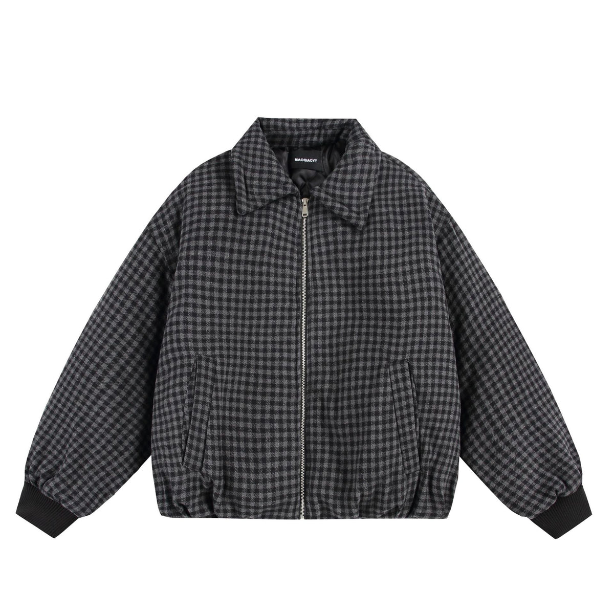 Unisex Boxy-Check Quilted Jacket with Zipper and Elastic Hem EVA-US