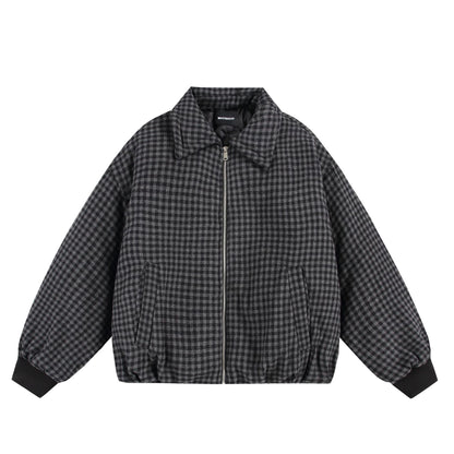 Unisex Boxy-Check Quilted Jacket with Zipper and Elastic Hem EVA-US
