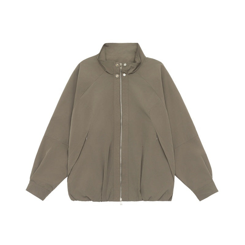 Women Lightweight Raglan Bomber Jacket with Stand Collar and Elastic Hem EVA-US