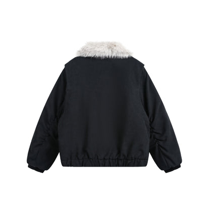 Women's short jacket in boxy cut with wide faux fur collar EVA-US