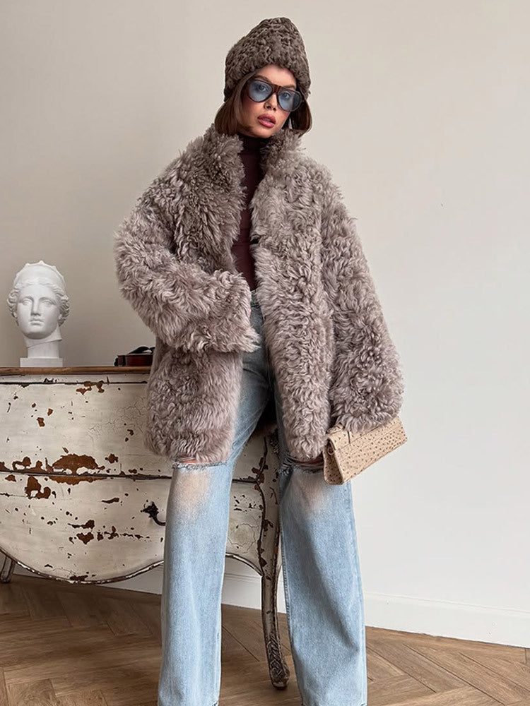 Women Oversize Faux Fur Coat with Curly Teddy Look and Wide Boxy Silhouette EVA-US