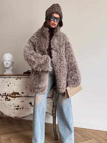 Women Oversize Faux Fur Coat with Curly Teddy Look and Wide Boxy Silhouette EVA-US