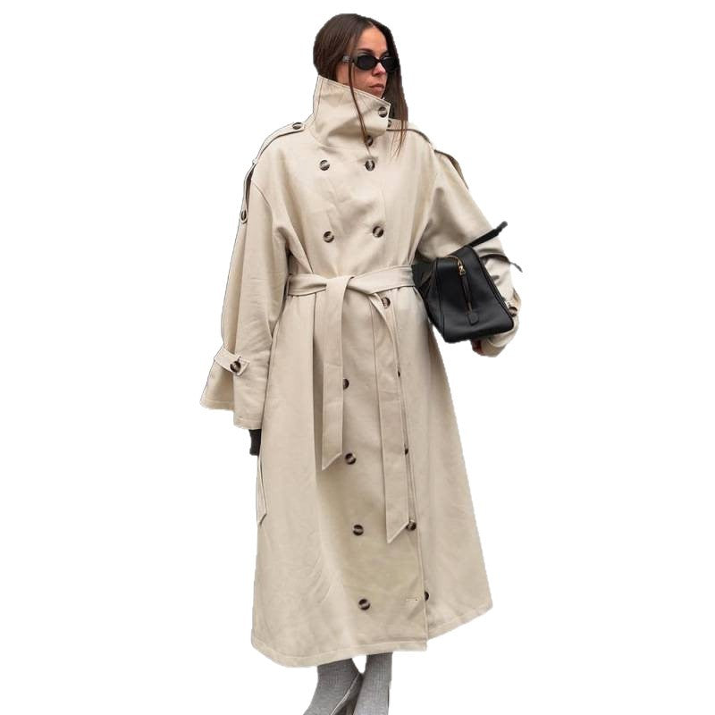 Women's Long Oversized Trench Coat with High Stand Collar, Bell Sleeves and Tie Belt EVA-US
