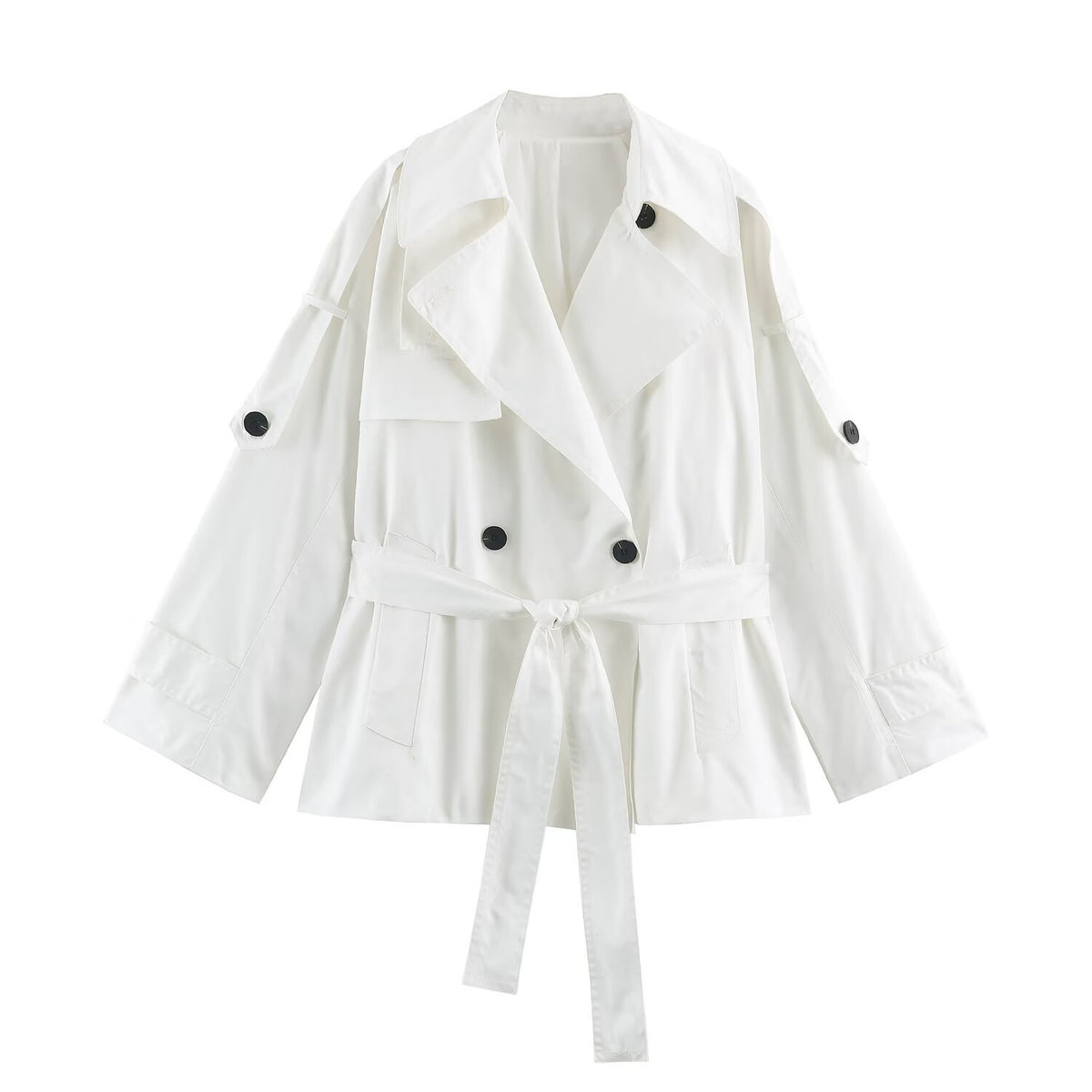 Women's short lightweight trench coat with tie belt, dropped shoulders and double button placket EVA-US
