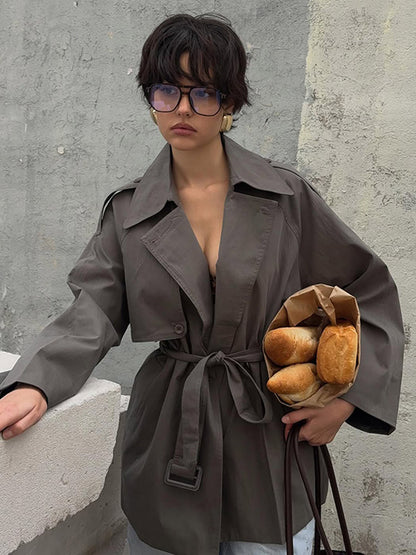 Women Short Trench Coat with Tied Belt and Oversized Sleeves EVA-US