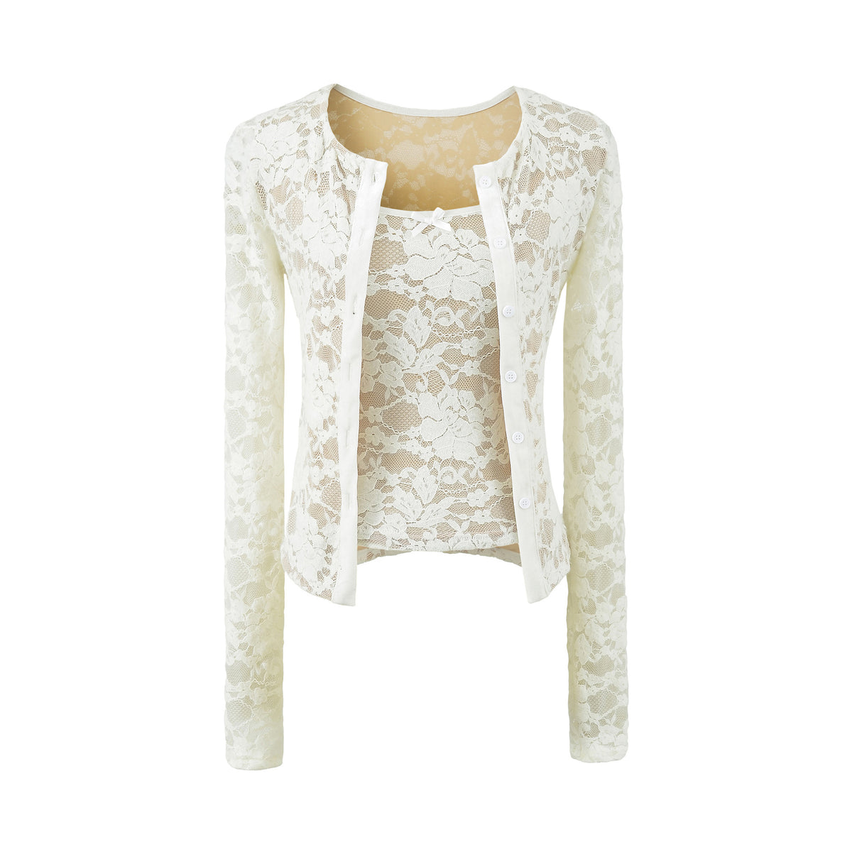 Ladies Fine Lace Cardigan with Matching Under Top and Velvet Trim EVA-US