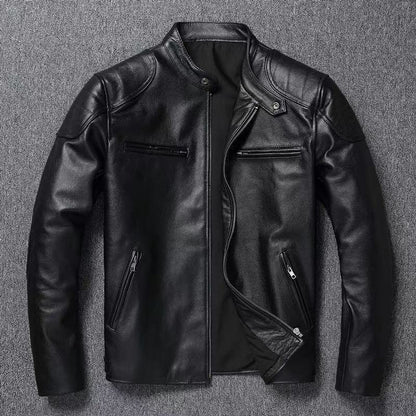 Men's leather jacket in vintage biker style with chest pockets and zipper EVA-US