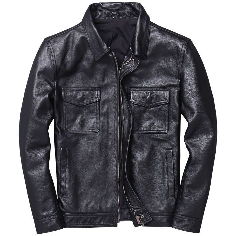 Men's leather jacket in vintage biker style with chest pockets and zipper EVA-US