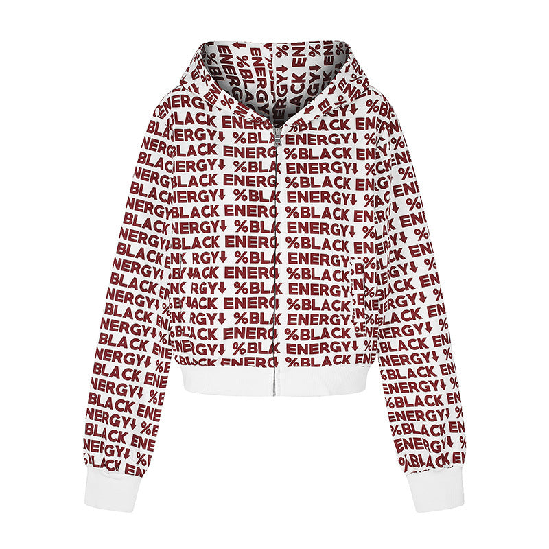 Women short zip hooded jacket with allover logo print and elastic ribbed hem EVA-US