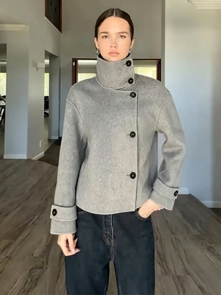 Women's Short Wool Blend Coat with Asymmetrical Button Placket and High Standing Collar EVA-US