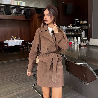 Women's Short Suede Set: Tailored Blouson with Stand Collar & Matching Mini Skirt EVA-US