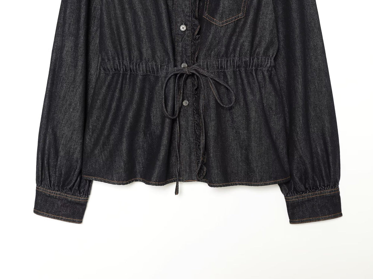 Women's jeans blouse with ruffle trim, drawstring waist and cuffed sleeves EVA-US