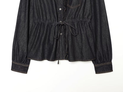 Women's jeans blouse with ruffle trim, drawstring waist and cuffed sleeves EVA-US