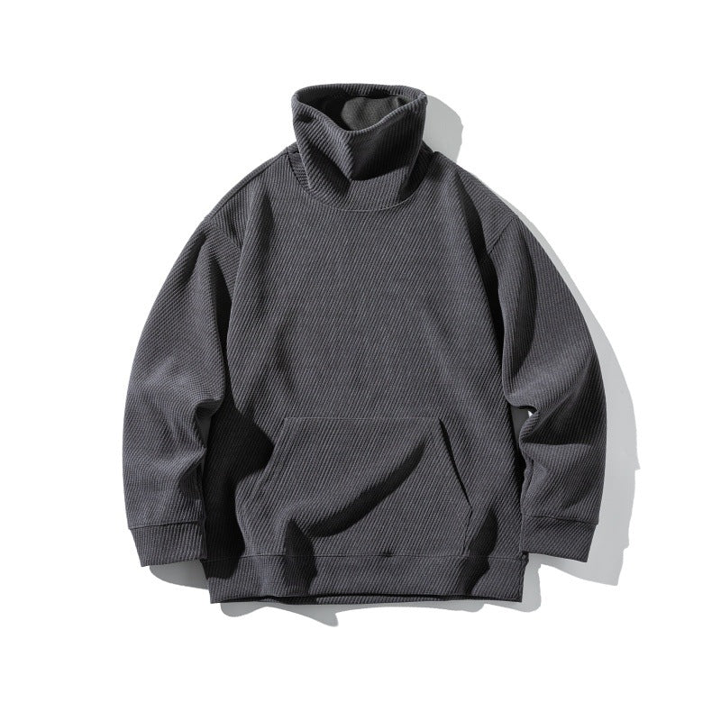 Unisex Oversize Waffle Structure Mock Neck Sweatshirt with Kangaroo Pocket EVA-US