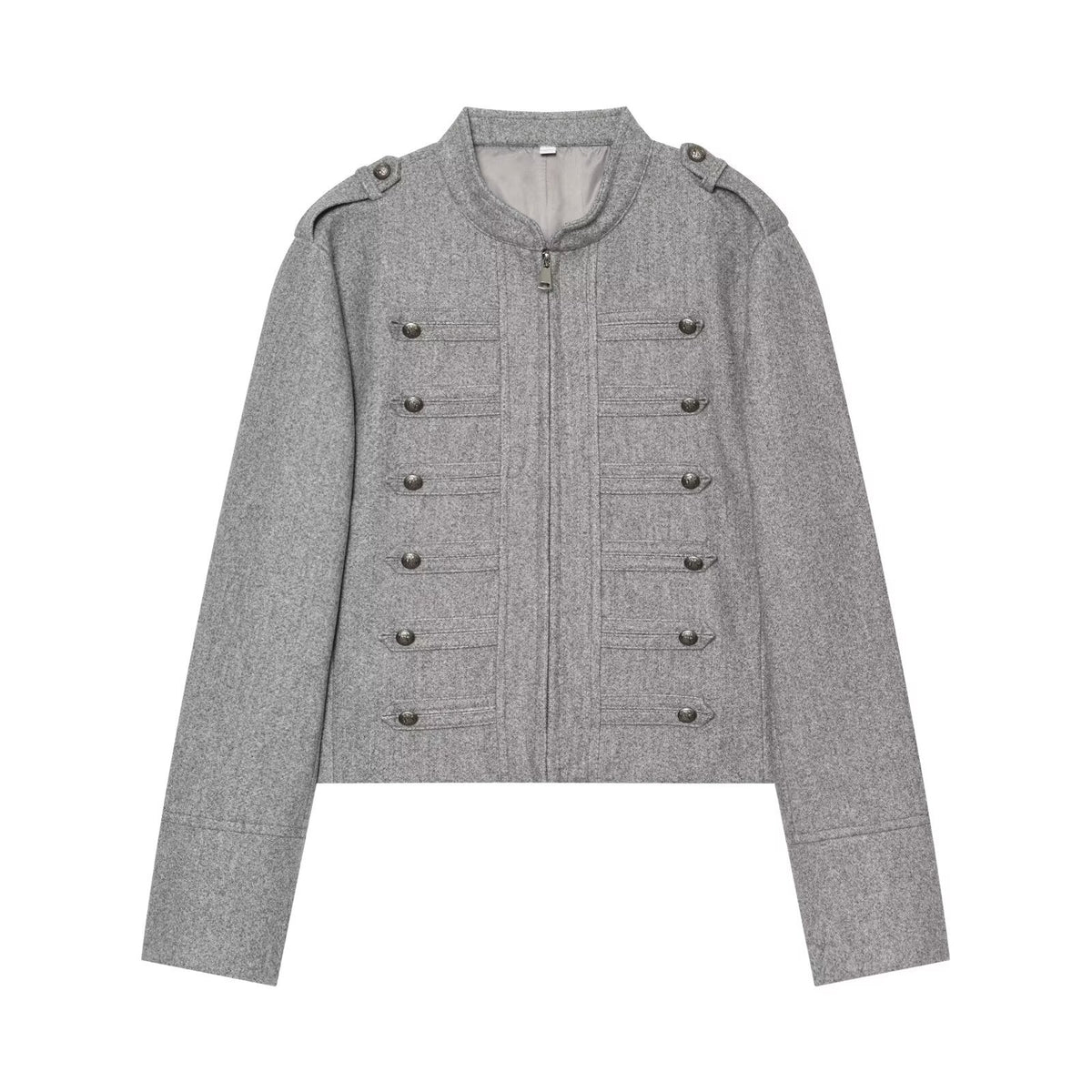 Women's Short Jacket Military-inspired Wool Blend Cropped Jacket with Stand Collar, Epaulettes and Decorative Button Placket EVA-US