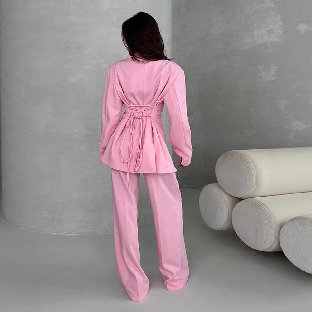 Women's Two-piece Oversized Suit Set with Wrap Blazer and Wide Palazzo Pants EVA-US