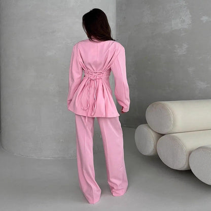 Women's Two-piece Oversized Suit Set with Wrap Blazer and Wide Palazzo Pants EVA-US