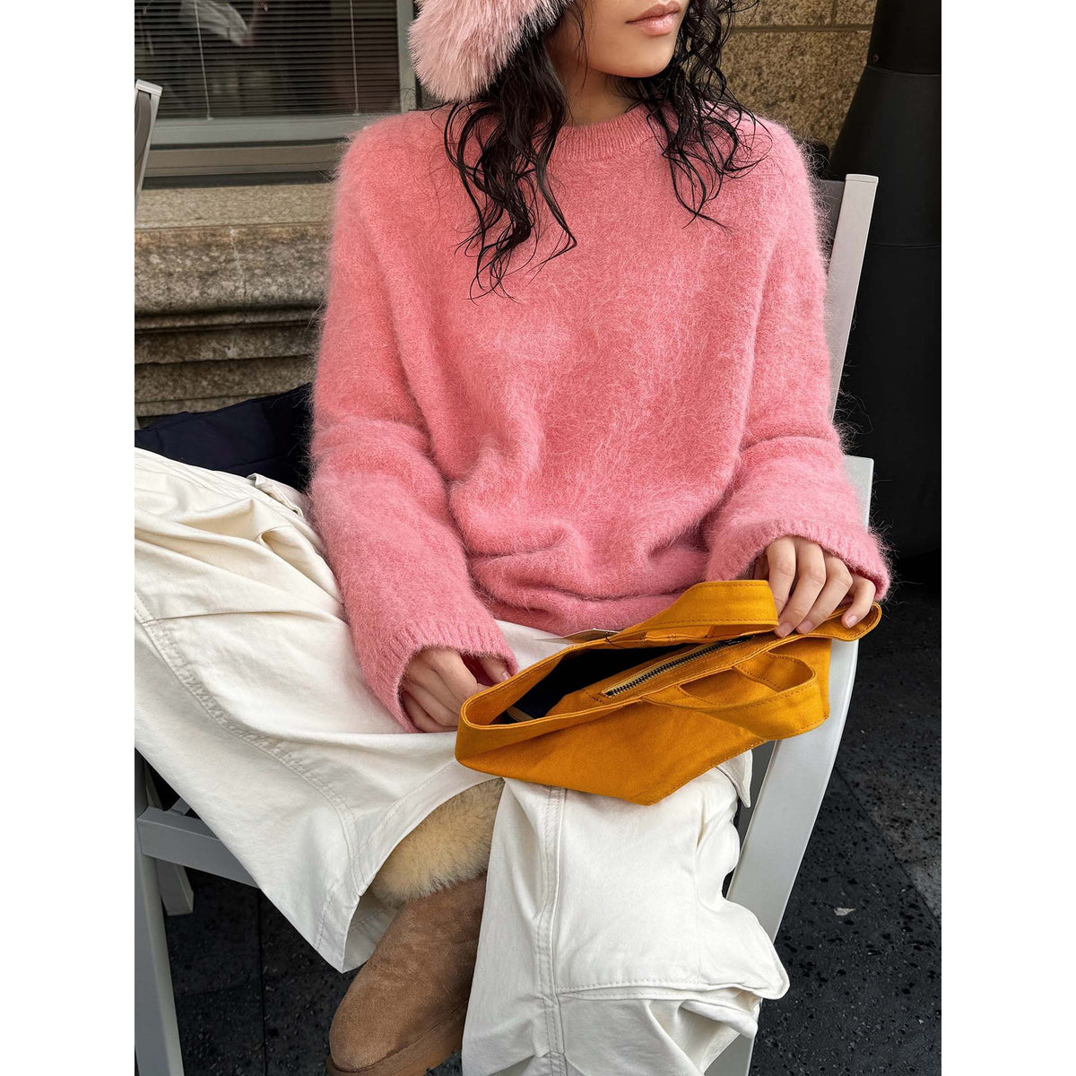 Women Fluffy Mohair-Mix Sweater with Loose Oversize Cut EVA-US