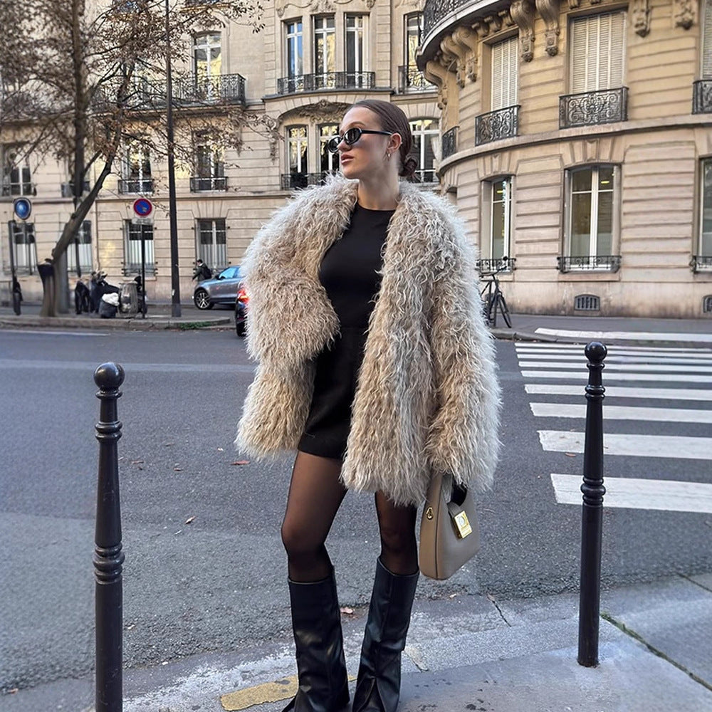Women Oversize Curly Faux Fur Coat in Shaggy Look EVA-US