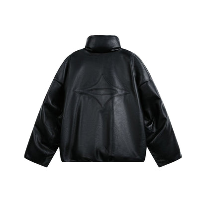 Women's Oversized Faux Leather Bomber Jacket with High Stand-Up Collar EVA-US