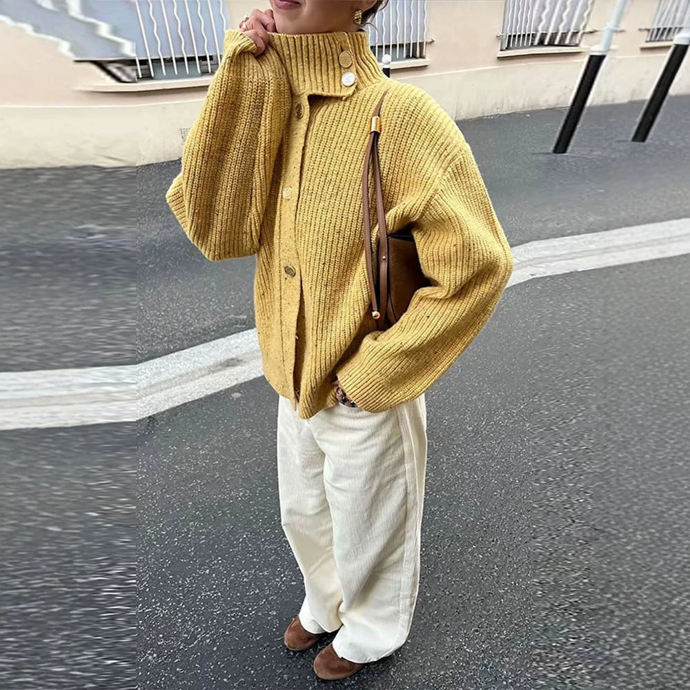 Women's Oversized Knit Jacket with Ribbed Structure and Stand-Up Collar EVA-US