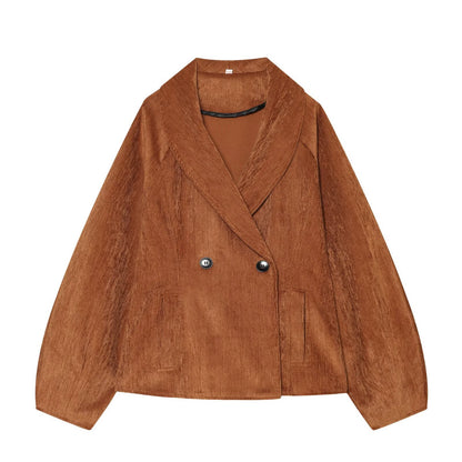 Women’s Short Blazer with Shawl Collar and Double-Breasted Button Placket EVA-US