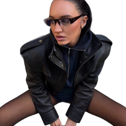 Women Short Vegan Leather Jacket with Distinctive Shoulder Structure and Cropped Cut EVA-US