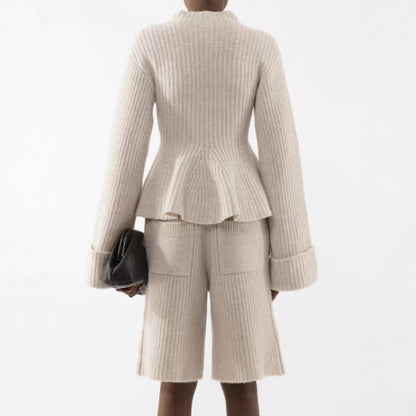 Women’s fine knit two-piece set with tailored peplum sweater and high-waist bermuda EVA-US