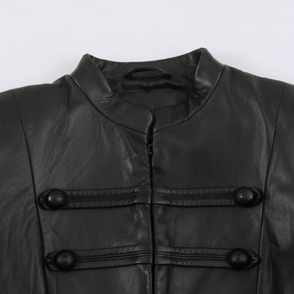 Women tailored military-inspired leather jacket with stand-up collar, decorative strap and button placket EVA-US