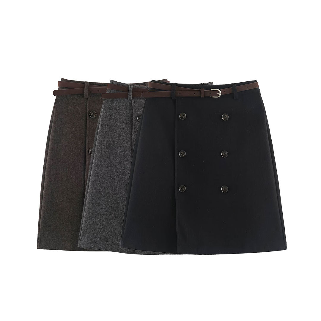Women's midi skirt in A-line cut with double-breasted button placket and waist belt EVA-US