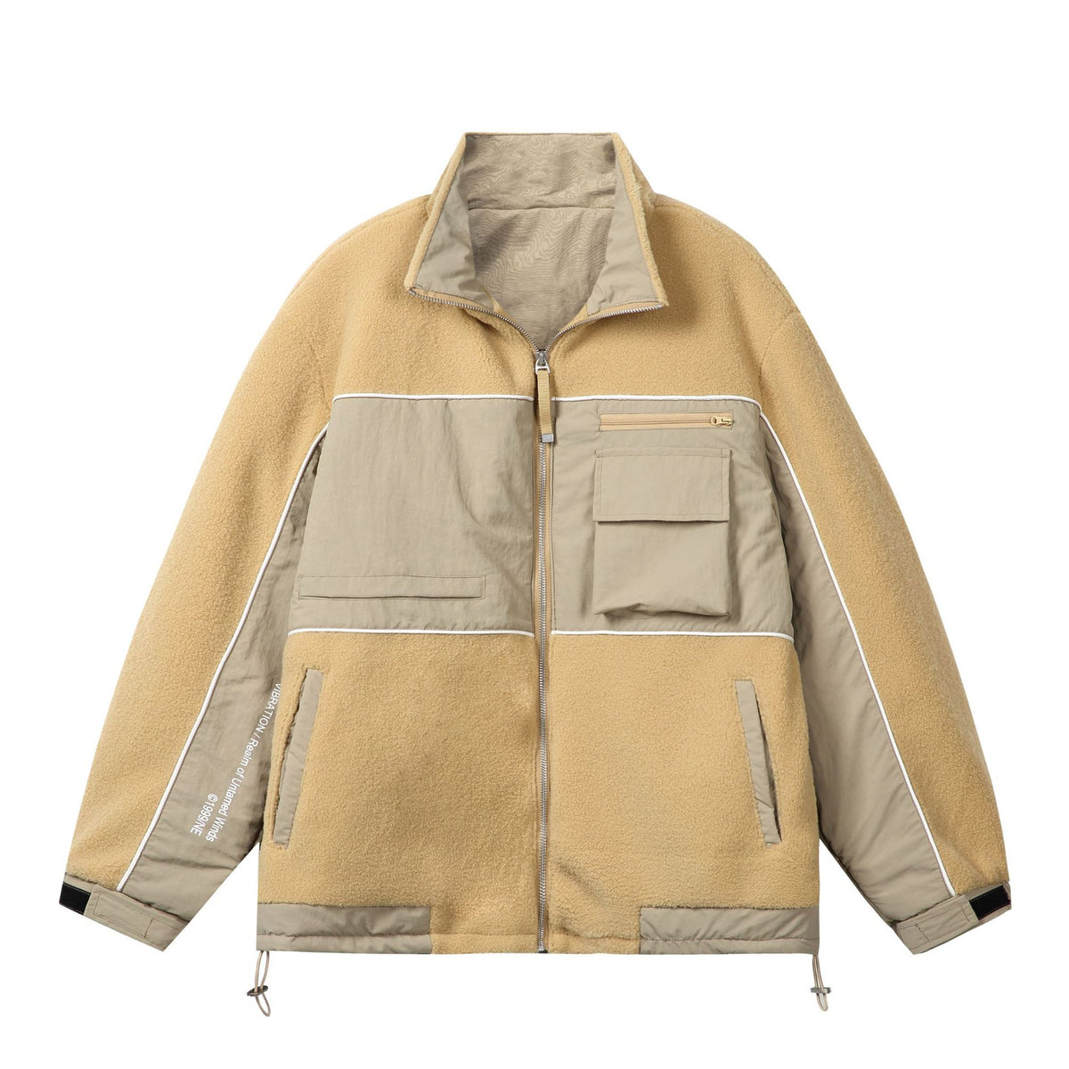 Unisex Oversize Fleece Field Jacket with Nylon Panels, High Stand-Up Collar and Drawstring EVA-US