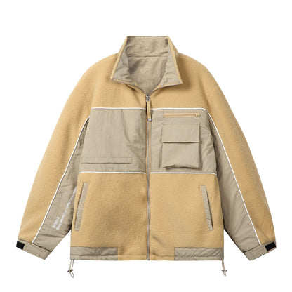 Unisex Oversize Fleece Field Jacket with Nylon Panels, High Stand-Up Collar and Drawstring EVA-US