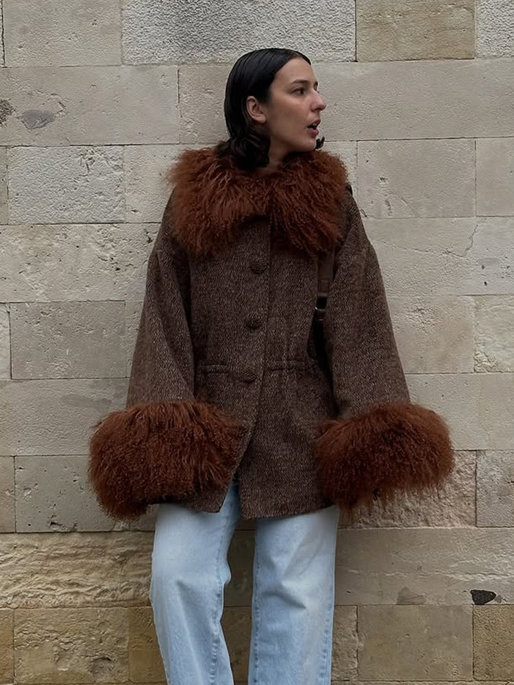 Women's Oversize Wool Blend Brand Coat with voluminous lamb fur imitation collar and extra wide sleeve cuffs EVA-US