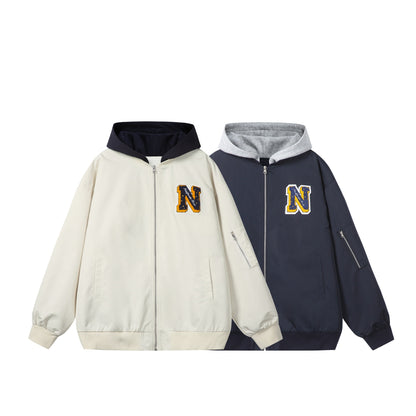 Unisex Boxy-Multi-layer Bomber Jacket with Integrated Hood and Collegiate Patch EVA-US