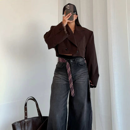 Women Cropped Boxy Short Blazer with Boxy Silhouette and Extra Long Sleeves EVA-US