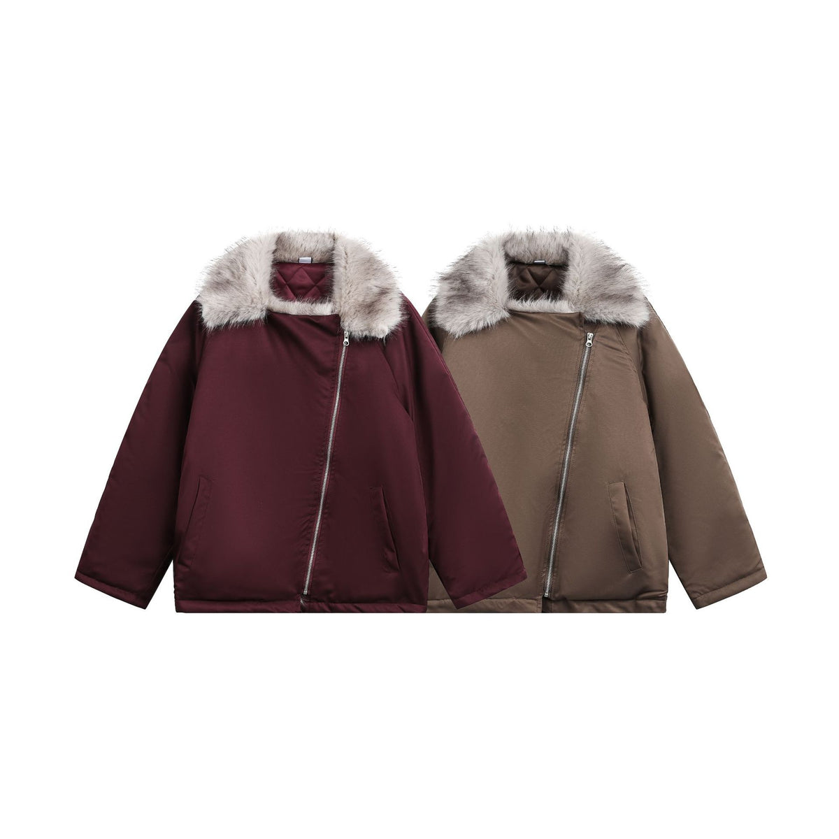 Women's Padded Short Parka with Faux Fur Collar and Asymmetrical Zipper