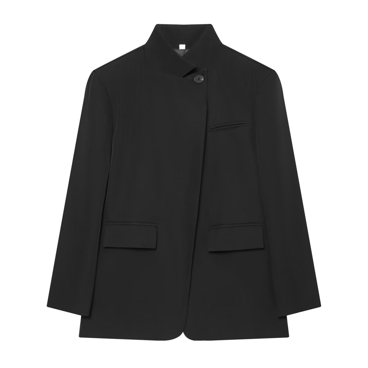 Women Checked Long Blazer with Stand Collar, Concealed Button Placket and Flap Pockets EVA-US
