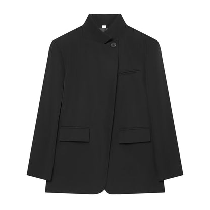 Women Checked Long Blazer with Stand Collar, Concealed Button Placket and Flap Pockets EVA-US