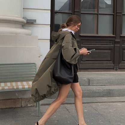 Women's Oversize Utility Hooded Jacket with Drawstring, Flap Pockets and Elastic Cuffs EVA-US