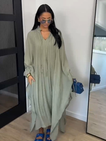 Women's maxi dress in kaftan style with ruffled collar, tie straps, and voluminous sleeves EVA-US