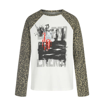 Women’s Long Sleeve Shirt in Baseball Style with Leopard Sleeves and Graphic Print EVA-US